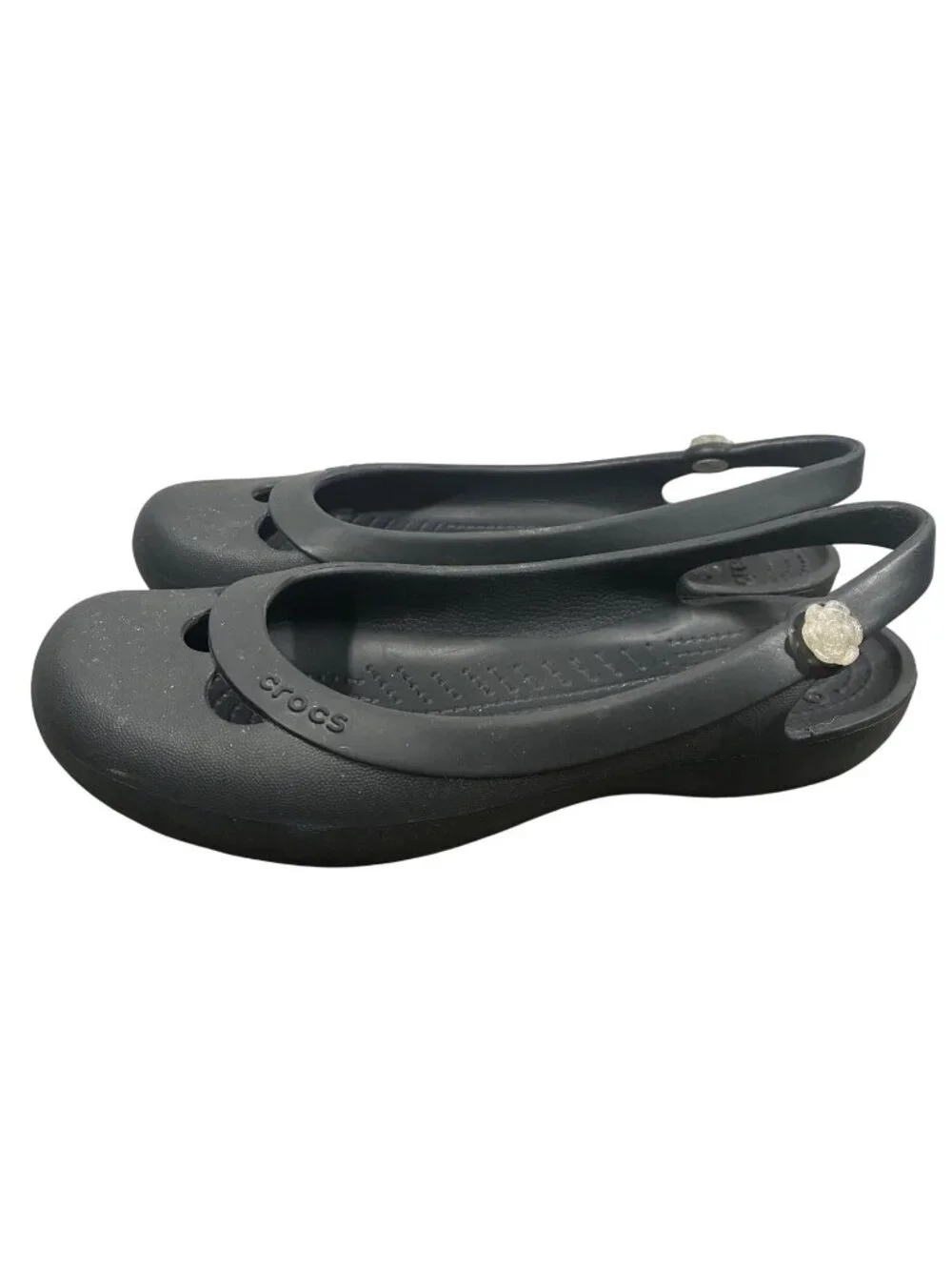 Crocs Jayna Black Slingback Flats Womens Size 7 Rubber Rose Detail Comfortable
